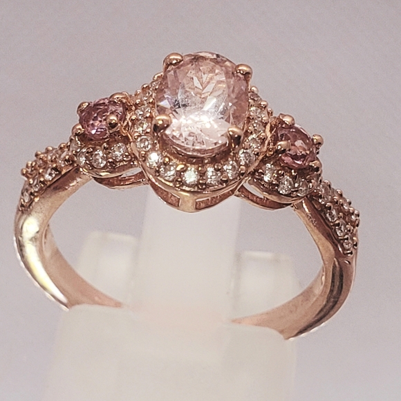 D'joy Jewelry - Pink Morganite and Multi Gemstone Trilogy Halo Ring